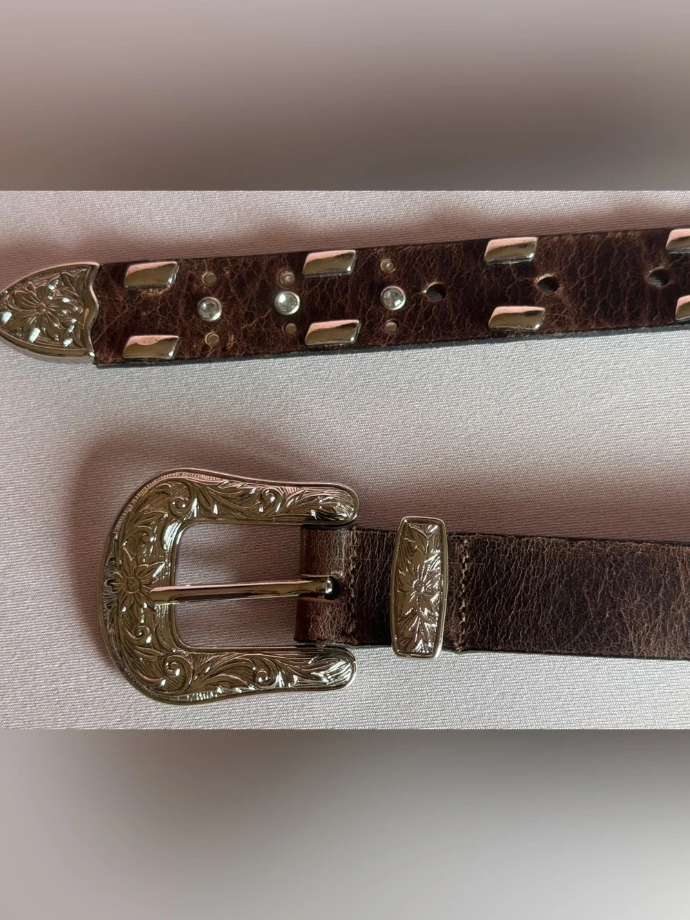 Guess Brown Leather Western Silver Buckle Studded Rhinestone Cowgirl Belt XL